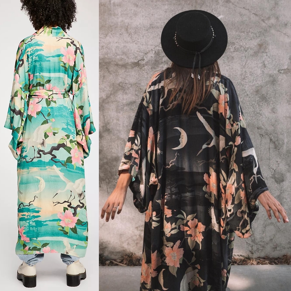 New Spell Designs Nightingale Reversible Kimono Robe Teal Black S/M Duster Lily